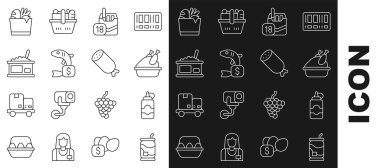 Soda kutusu, sos şişesi, kızarmış hindi ya da tavuk, sigara paketi, balık etiketi, havyarlı teneke kutu, alışveriş torbası ve yiyecek ve salam sosisi ikonu. Vektör