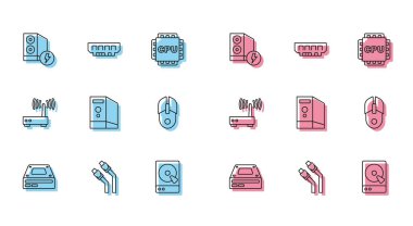 Hat Optik disk sürücüsü, LAN kablo ağı interneti, Bilgisayar Kutusu, Sabit disk HDD, Bilgisayar faresi, Router ve Wi-Fi sinyali ve RAM, rastgele erişim bellek simgesi ayarla. Vektör