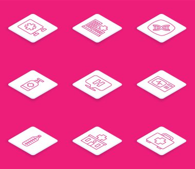 Acil Durum Hattı - Yaşam Yıldızı, Hastane Binası, DNA sembolü, antibakteriyel sabun, yer hastanesi, kardiyogramlı monitör, medikal termometre ve ikon. Vektör