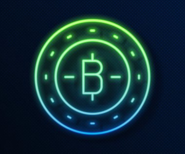Parlayan neon hattı Kripto para birimi simgesi Bitcoin mavi arka planda izole edildi. Madeni para. Engelleme zinciri tabanlı şifreli para birimi. Vektör.