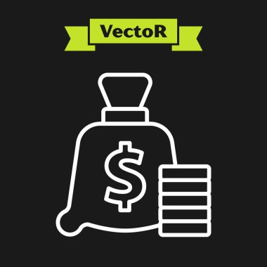 Beyaz çizgi Para Çantası simgesi siyah arkaplanda izole edildi. Dolar ya da USD sembolü. Nakit bankacılık tabelası. Vektör.
