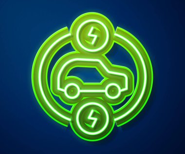 Parlak neon hattı elektrikli araba ve elektrik kablosu şarj ikonu mavi arka planda izole edildi. Yenilenebilir ekolojik teknolojiler. Vektör