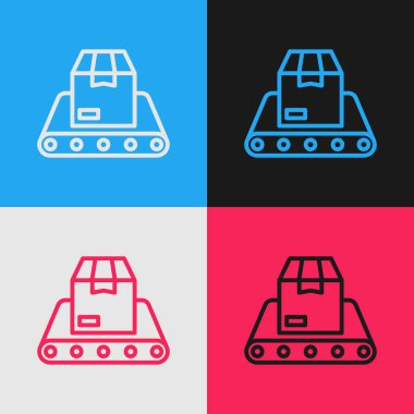 Pop art line Conveyor belt with cardboard box icon isolated on color background.  Vector