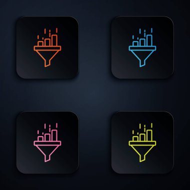Color neon line Sales funnel with chart for marketing and startup business icon isolated on black background. Infographic template. Set icons in square buttons. Vector