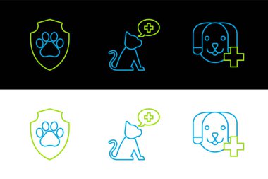 Veterinerlik kliniği sembolü, hayvan sağlığı sigortası ve ikon. Vektör