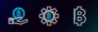 Kripto para, Bitcoin, el ele tutuşmalar ve ikon. Parlayan neon. Vektör