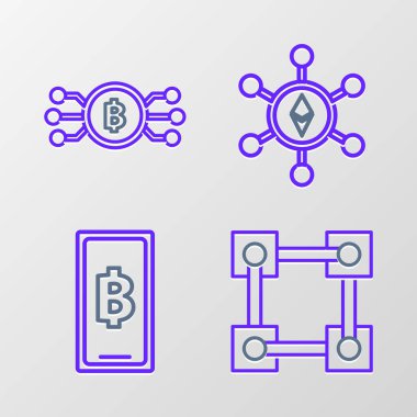 Hat Blockchain teknolojisi, telefon mobil ve kripto para birimi Bitcoin, Ethereum ETH ve Cryptocoin bitcoin çemberini mikroçip devre ikonu ile ayarla. Vektör