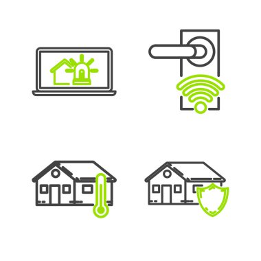 Hat evini koruma altına alın, sıcaklık, dijital kapı kilidi, kablosuz kablosuz kilit ve dizüstü bilgisayar akıllı ev ve alarm ikonu. Vektör