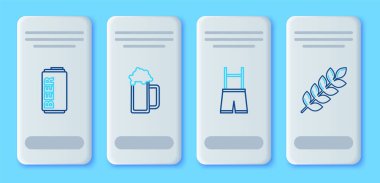 Bir sıra bira, Lederhosen, bira kutusu ve pirinç, buğday, mısır, yulaf, çavdar, arpa ikonu ile hazırlanmış tahıllar. Vektör