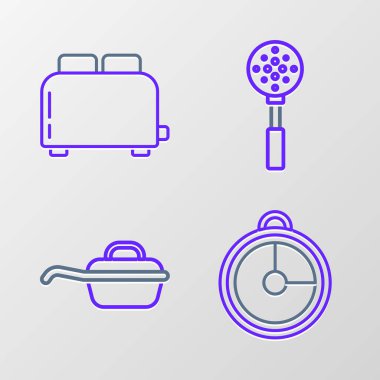 Hattı ayarla, mutfak zamanlayıcısı, kızartma tavası, tost ikonlu Spatula ve tost makinesi. Vektör