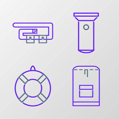 Sırt çantası, Lifebuoy, el feneri ve dalış kemeri ikonu. Vektör