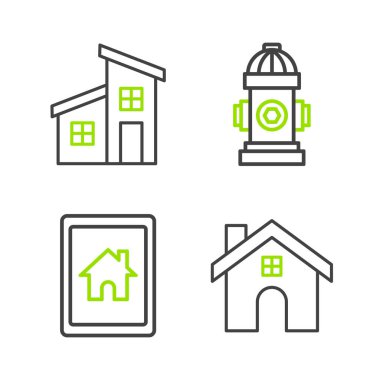 House 'u, Tablet' i, akıllı evi, yangın musluğunu ve ikonu ayarla. Vektör