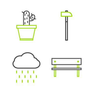 Bench 'i, yağmurlu Bulut' u, Çekiç 'i, Kaktüsü ve sulu tencere ikonunu ayarlayın. Vektör