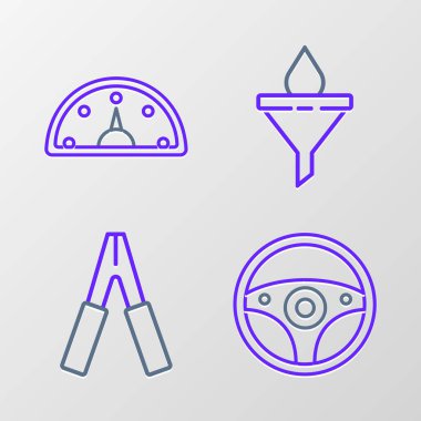 Direksiyon simidi pilli akü atlama kablosu hunisi, filtre, motor yağı damlası ve hız göstergesi simgesini ayarlayın. Vektör.