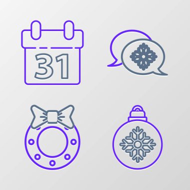 Çizgili Noel balosu, çelenk, konuşma balonlu kar tanesi ve takvim ikonu. Vektör