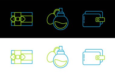 Cüzdan, hediye kutusu ve parfüm ikonu. Vektör