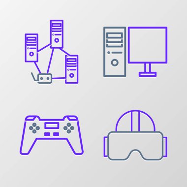 Sanal gerçeklik gözlükleri, Gamepad, Bilgisayar monitörü ve ağ simgesi ayarla. Vektör