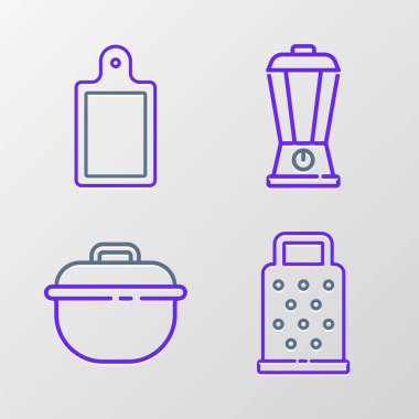 Hat Grater, Tencere, Blender ve Kesme tahtası simgesi. Vektör