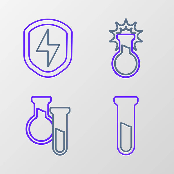Set line Test tube and flask,  and Secure shield with lightning icon. Vector