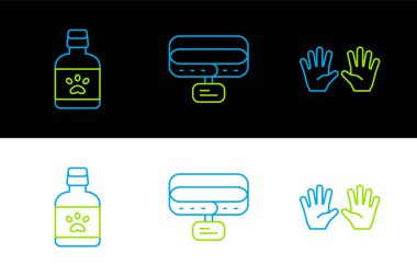 Tıbbi lastik eldivenler, köpek ilacı şişesi ve isim etiketli tasma. Vektör