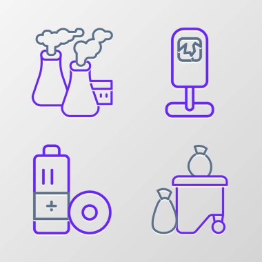 Çöp tenekesi, batarya, çöp tenekesi ve fabrika ikonundan duman hortumunu ayarlayın. Vektör