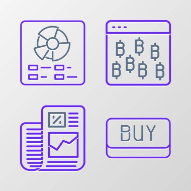 Satın alma düğmesi, işletme finans raporu, Bitcoin tarayıcısı ve Pie grafik simgesi. Vektör