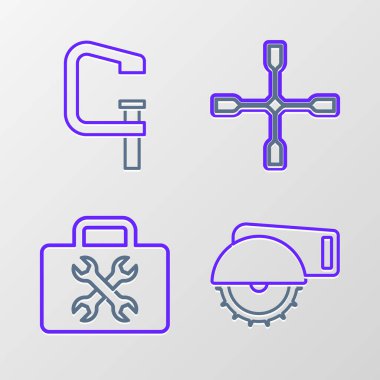 Elektrikli testere, alet çantası, İngiliz anahtarı, kıskaç ve vida alet simgesini ayarla. Vektör