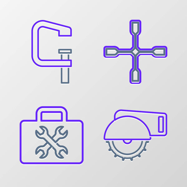 Set line Electric circular saw, Toolbox, Wheel wrench and Clamp and screw tool icon. Vector
