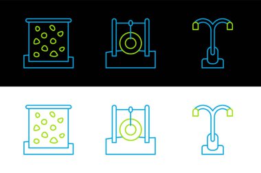 Sokak lambasını ayarla, tırmanma duvarı ve halat ikonunda asılı duran araba lastiği. Vektör