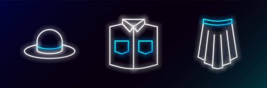 Çizgi, etek, erkek şapkası ve tişört ikonu. Parlayan neon. Vektör