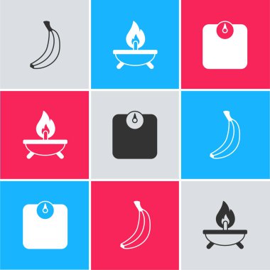 Muz, Aroma mumu ve banyo terazisi ikonu hazırla. Vektör