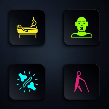 Set Blind human holding stick, Patient with broken leg, Joint pain, knee pain and Head of deaf and dumb. Black square button. Vector