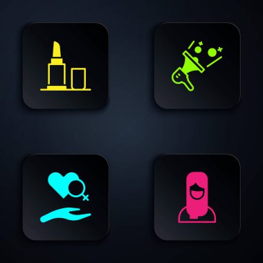 Müslüman kadını tesettüre, rujlara, kalbe kadın cinsiyeti ve feminist eylemcilerle aynı kefeye koy. Siyah kare düğme. Vektör