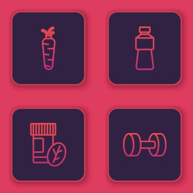 Havuç, vitamin hapı, bir şişe su ve Dumbbell. Mavi kare düğme. Vektör