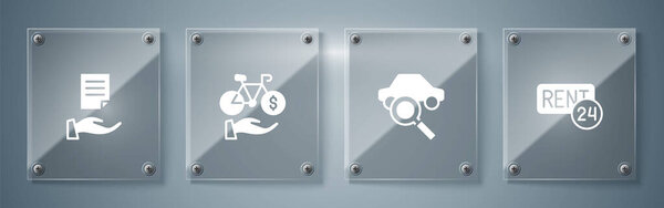 Набор Прокат, Обмен Автомобилями, Прокат Велосипедов мобильное приложение и Дом контракт. Квадратные стекла. Вектор