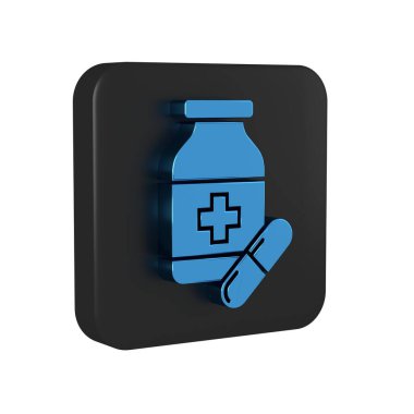 Mavi ilaç şişesi ve şeffaf arka planda izole edilmiş hap ikonu. Şişe hapı işareti. Eczane tasarımı. Siyah kare düğmesi..