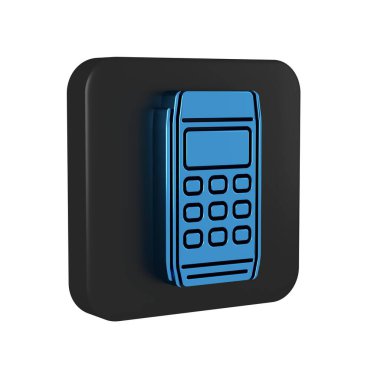 Mavi Pos terminal simgesi şeffaf arkaplanda izole edildi. Ödeme terminali işlemi. Kartla öde. Siyah kare düğmesi..