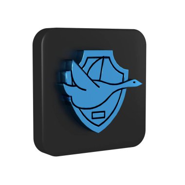 Mavi ördek kalkan simgesinde, şeffaf arkaplanda izole edildi. Duvarda av kupası. Siyah kare düğmesi..