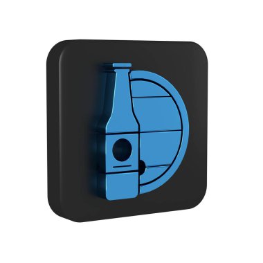 Mavi bira şişesi ve şeffaf arka planda izole edilmiş ahşap fıçı ikonu. Siyah kare düğmesi..