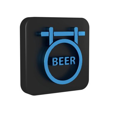 Şeffaf arkaplanda izole edilmiş bira simgesi olan Blue Street tabelaları. Reklamlar için uygun bar, kafe, bar, restoran. Siyah kare düğmesi..
