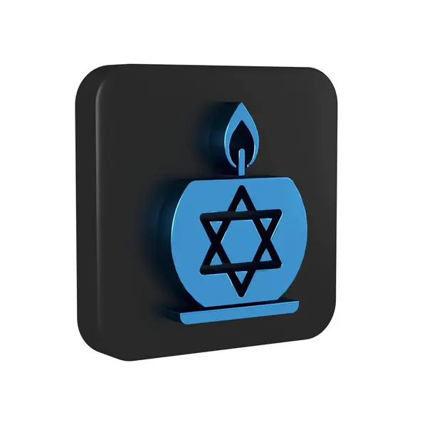 Blue Burning candle in candlestick with star of david icon isolated on transparent background. Cylindrical candle stick with burning flame. Black square button..