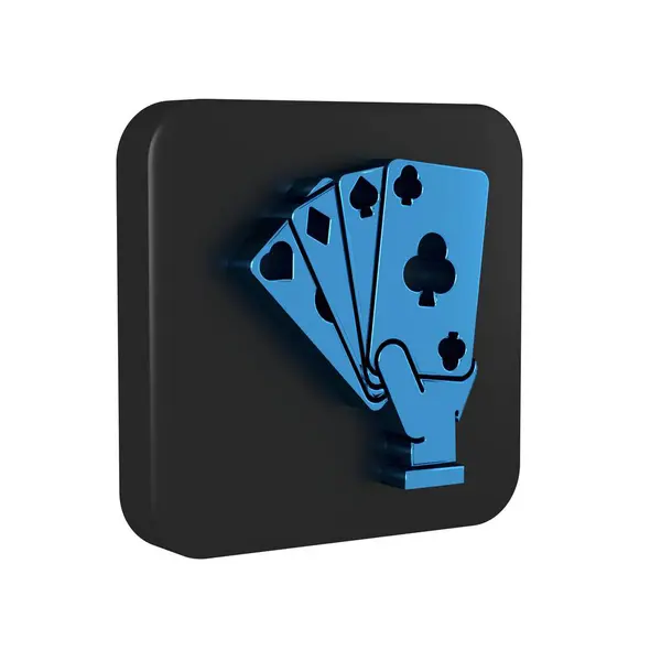 Blue Hand holding playing cards icon isolated on transparent background. Casino game design. Black square button..