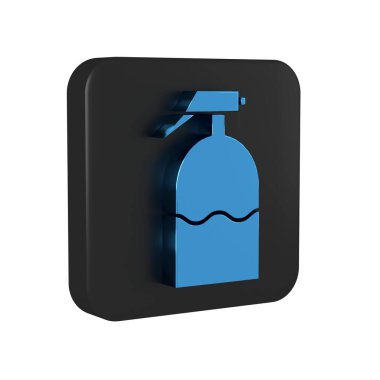 Su için Mavi Bahçe spreyi, gübre, şeffaf arkaplanda izole edilmiş kimyasal ikon. Siyah kare düğmesi..