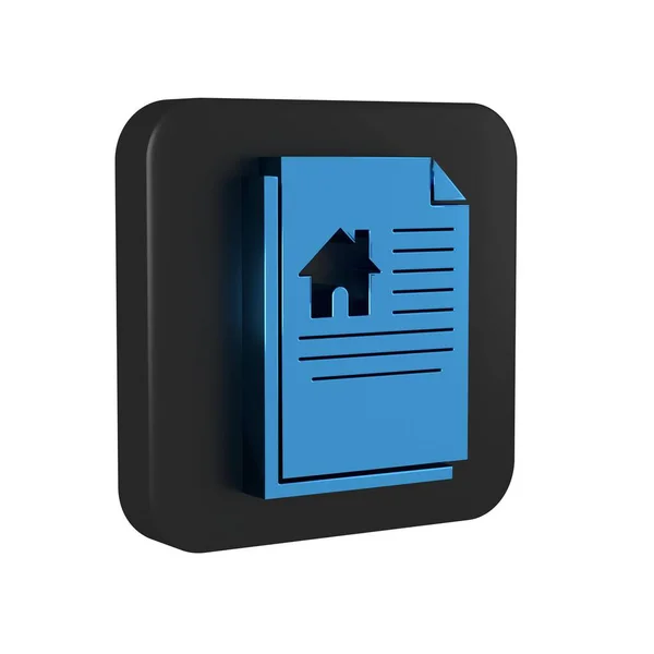 Blue House contract icon isolated on transparent background. Contract creation service, document formation, application form composition. Black square button..