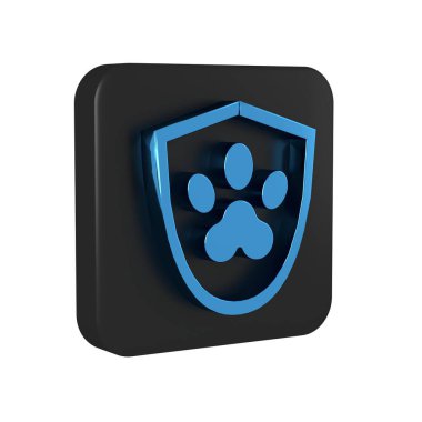 Mavi Hayvan Sağlık Sigortası ikonu şeffaf bir arkaplanda izole edilmiş. Hayvan koruma ikonu. Köpek ya da kedi pençesi izi. Siyah kare düğmesi..