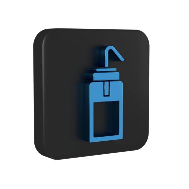 Kimya için mavi laboratuvar yıkama şişesi ve şeffaf arka planda izole edilmiş bilim laboratuarı ikonu. Su ve çözücü spreyler için ekipman. Siyah kare düğmesi..