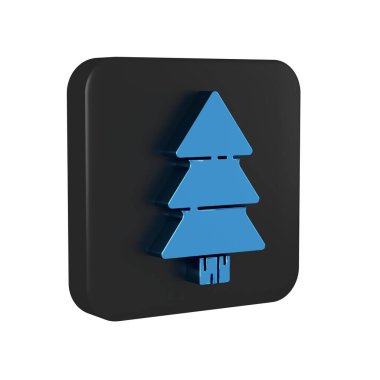 Şeffaf arkaplanda mavi Noel ağacı simgesi var. Mutlu Noeller ve mutlu yıllar. Siyah kare düğmesi..