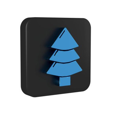 Şeffaf arkaplanda mavi Noel ağacı simgesi var. Mutlu Noeller ve mutlu yıllar. Siyah kare düğmesi..