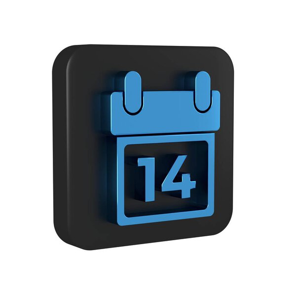 Голубой календарь с иконкой 14 февраля на прозрачном фоне. День Святого Валентина. Символ любви. Черная квадратная кнопка..