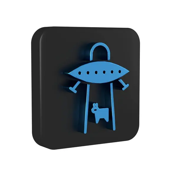 Blue UFO abducts cow icon isolated on transparent background. Flying saucer. Alien space ship. Futuristic unknown flying object. Black square button..